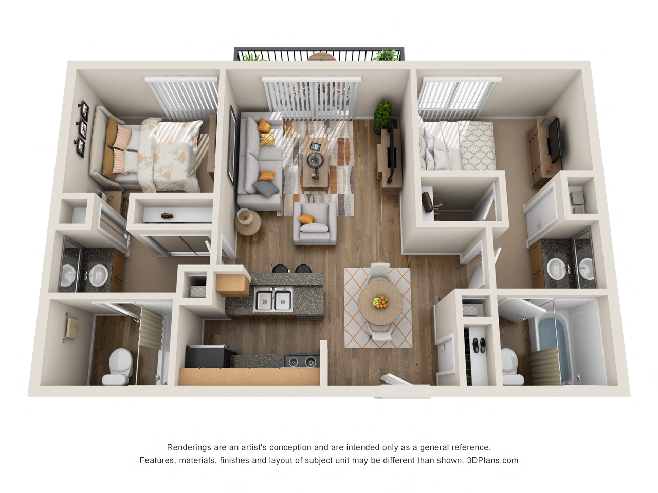 Floor plan for 2 beds, 2 baths, 1012 sqft